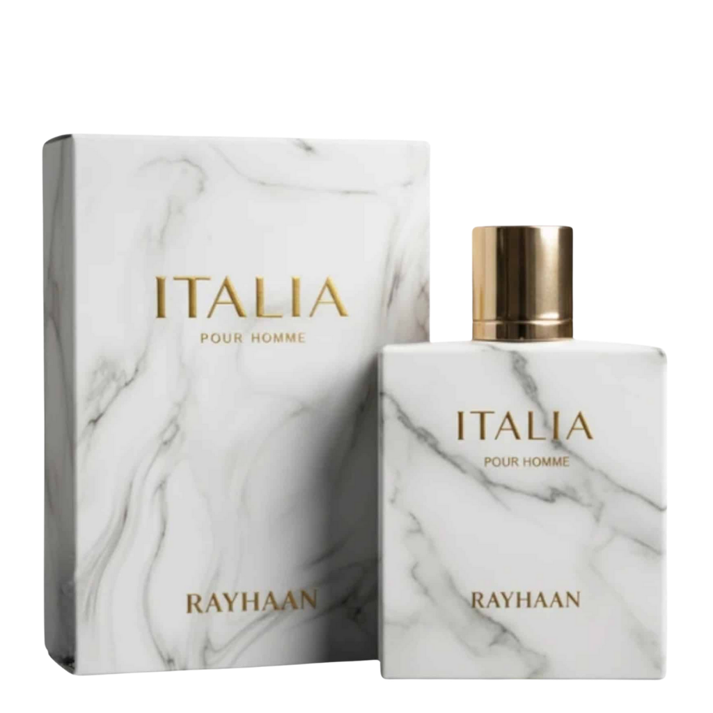 Marble-patterned 'Italia' perfume bottle and packaging by Rayhaan on a white background