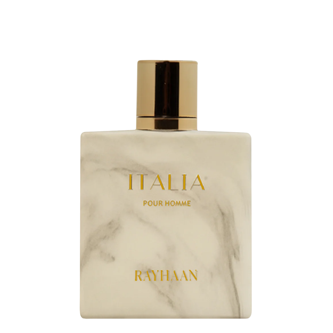 Perfume bottle labeled 'Italia pour Homme' by Rayhaan on a white background
