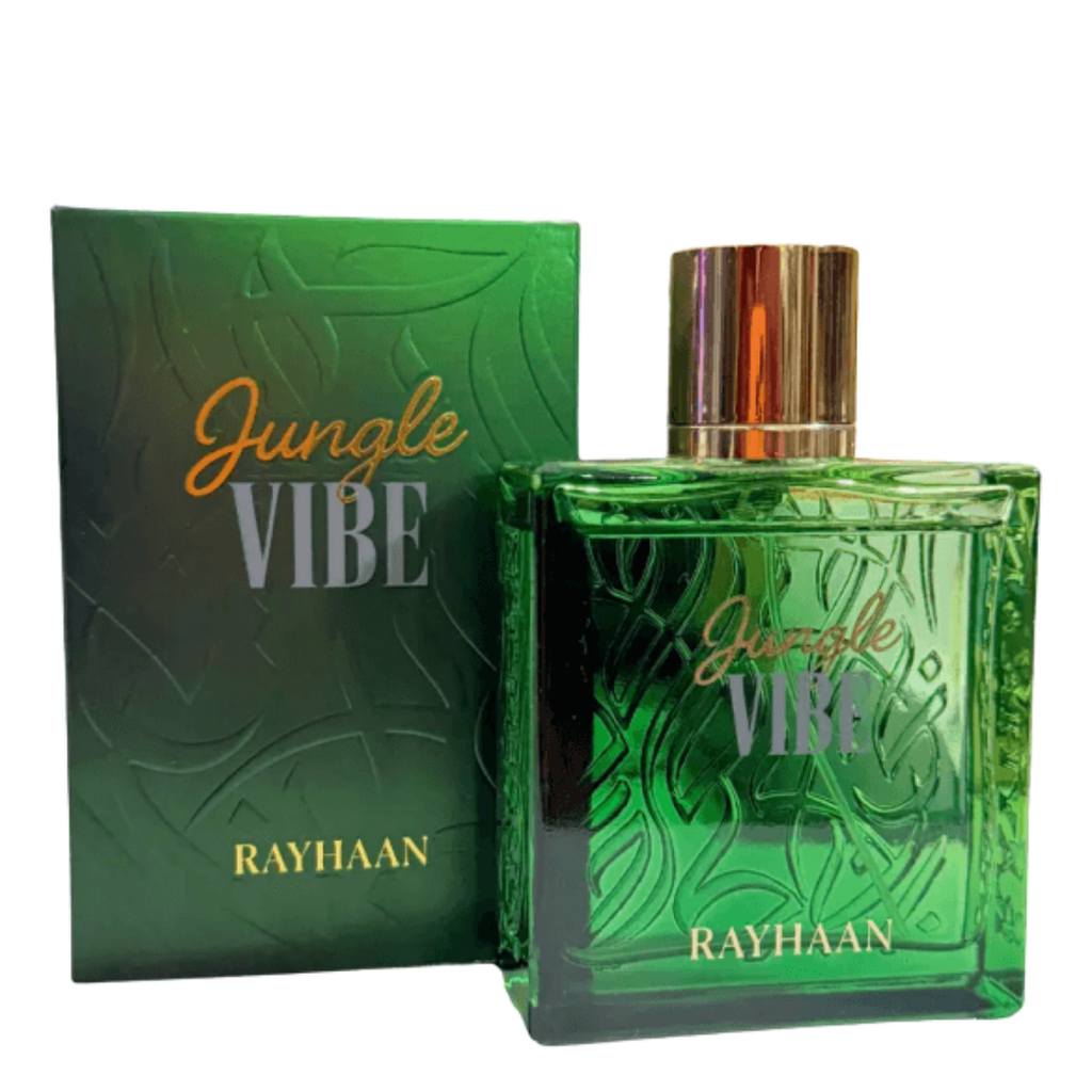 Green 'Jungle Vibe' Rayhaan perfume bottle and packaging on a white background