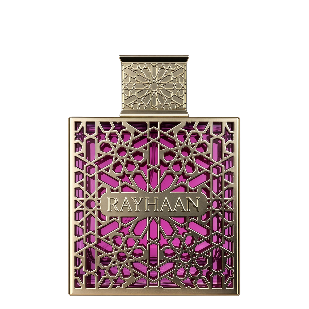 Perfume bottle with intricate design and 'RAYHAAN' branding on a white background. Rayhaan Kiss
