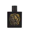 Black perfume bottle with gold lion design on a white background. Rayhaan Lion