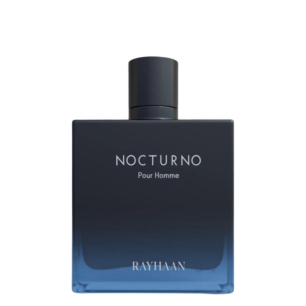 Perfume bottle labeled 'Nocturno Pour Homme' by Rayhaan on a white background