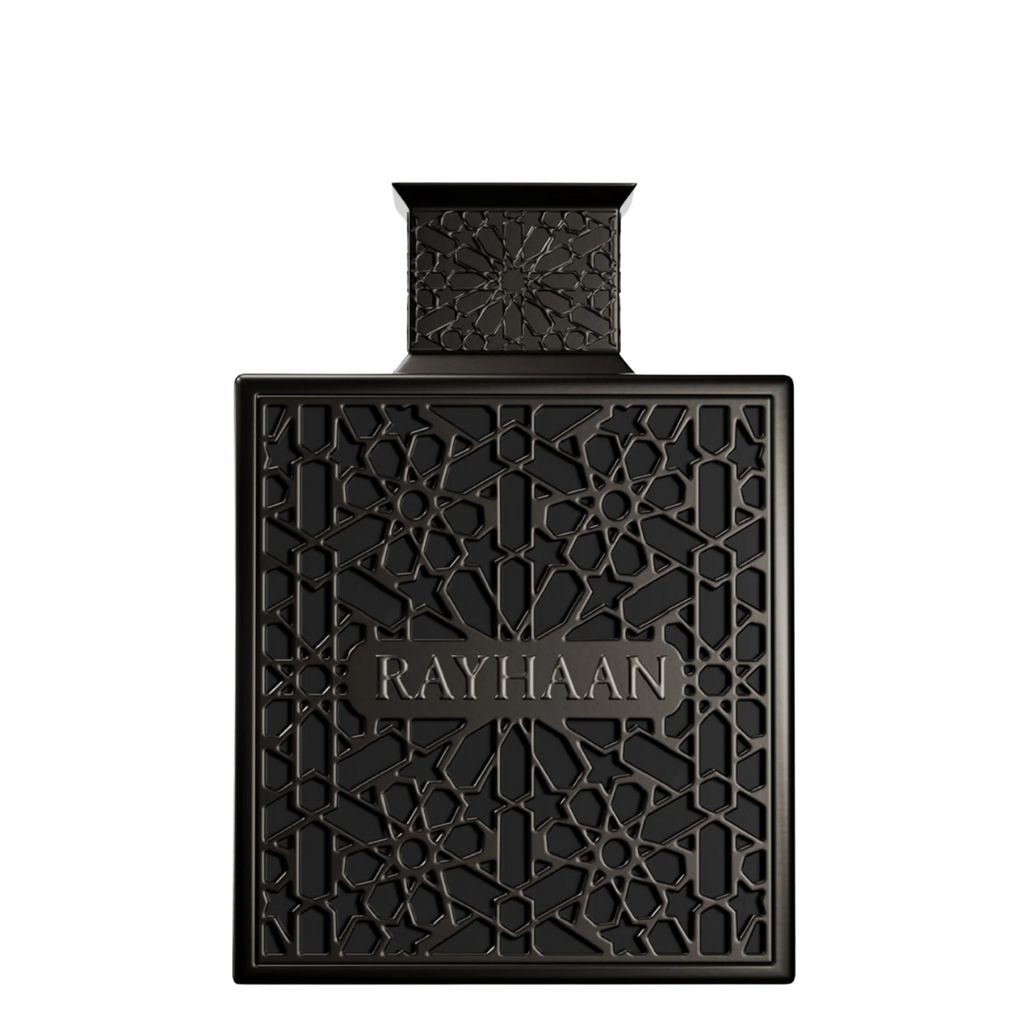 Black perfume bottle with intricate design and 'RAYHAAN' branding on a white background. Rayhaan Obsidian
