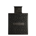 Black perfume bottle with intricate design and 'RAYHAAN' branding on a white background. Rayhaan Obsidian
