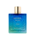 Blue perfume bottle with gold cap on a white background. Rayhaan Pacific Aura