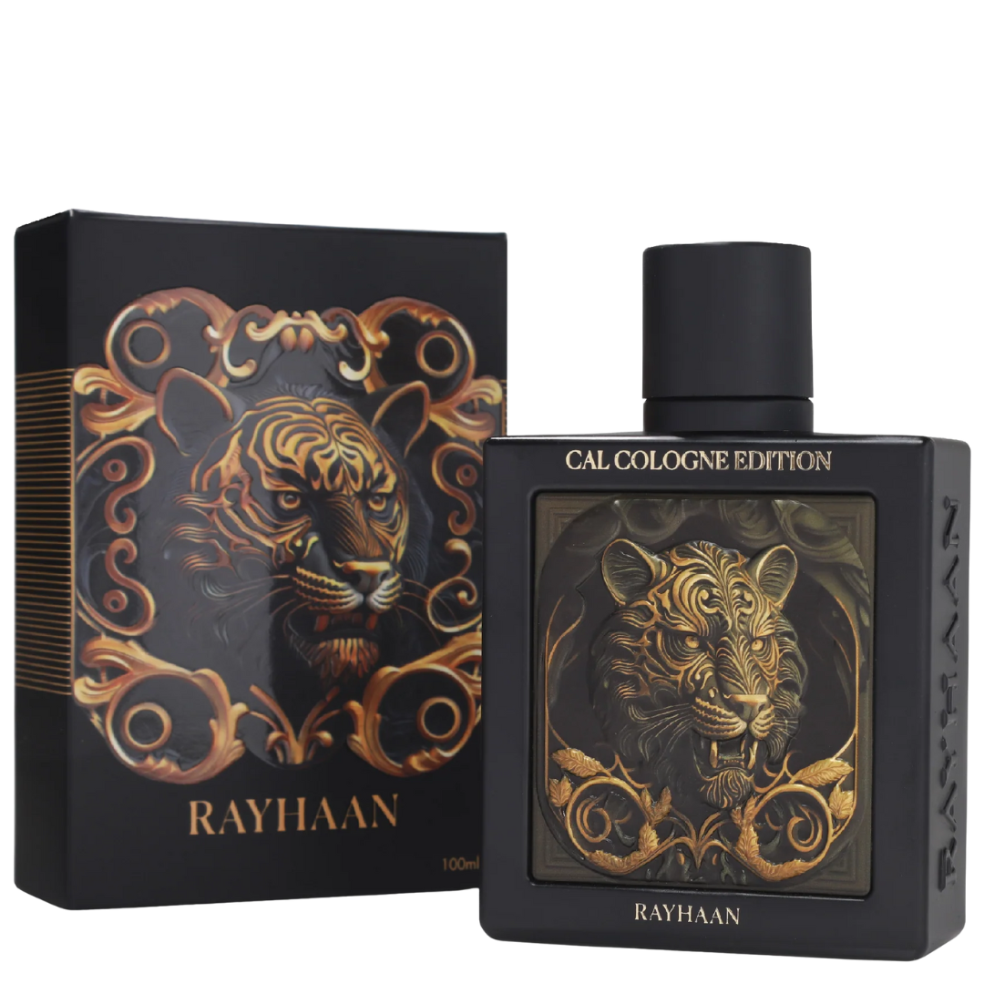 Rayhaan cologne bottle and packaging with tiger design on a white background. Rayhaan Tiger Cal Cologne Edition