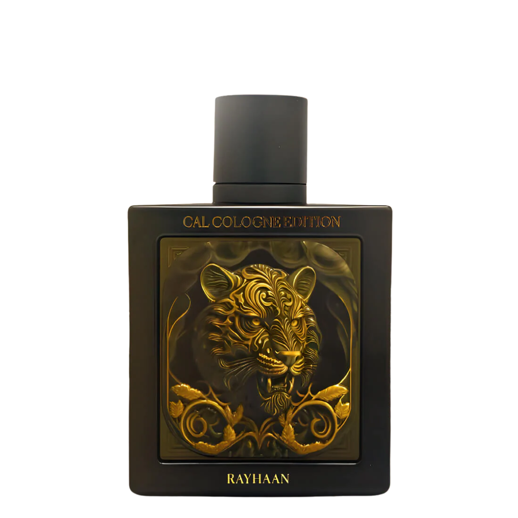 Perfume bottle with gold tiger design on a black background. Rayhaan Tiger Cal Cologne Edition