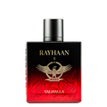 Perfume bottle with 'Rayhaan x Valhalla' branding on a white background