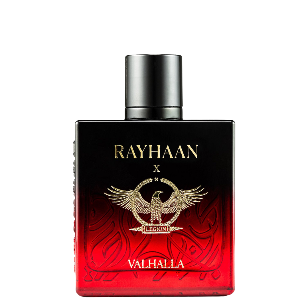 Perfume bottle with 'Rayhaan x Valhalla' branding on a white background