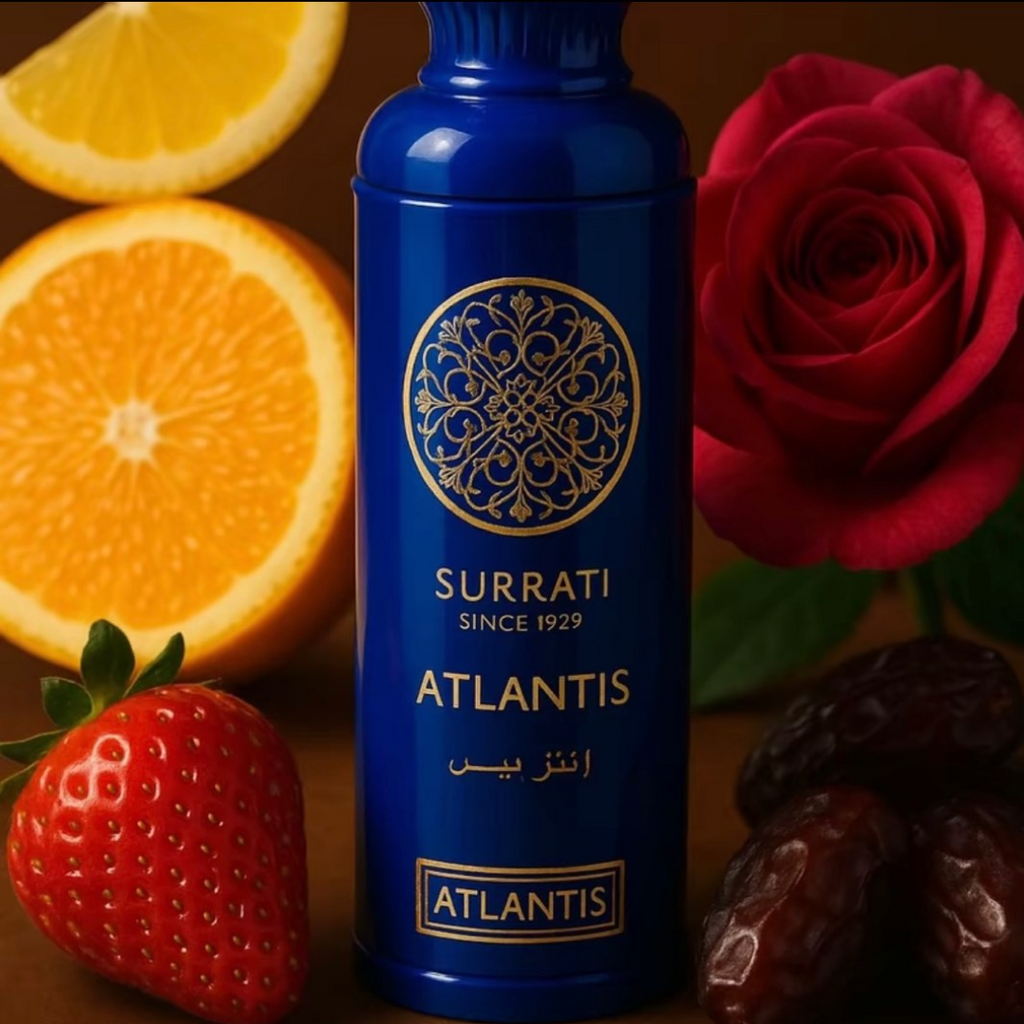 Blue bottle of Surrati Atlantis with fruits and a rose in the background