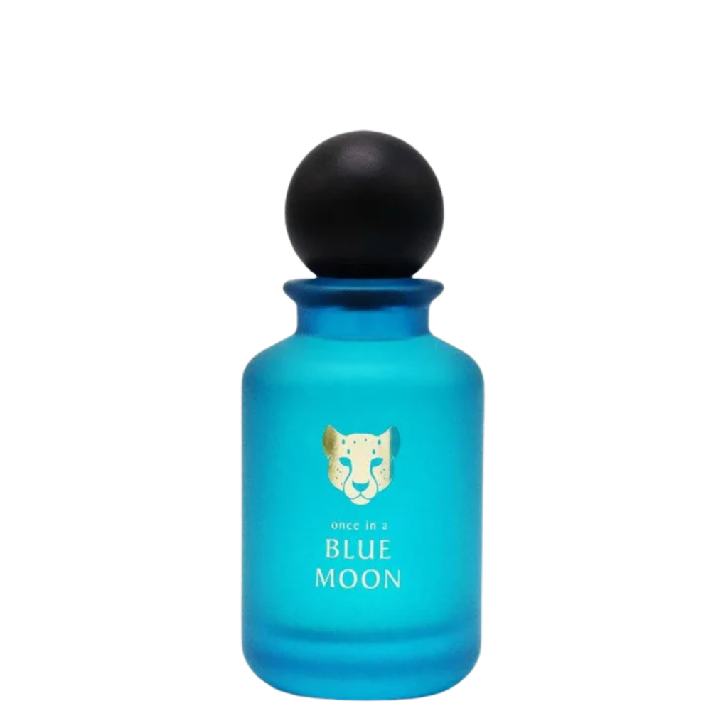 Blue perfume bottle with black cap on a white background