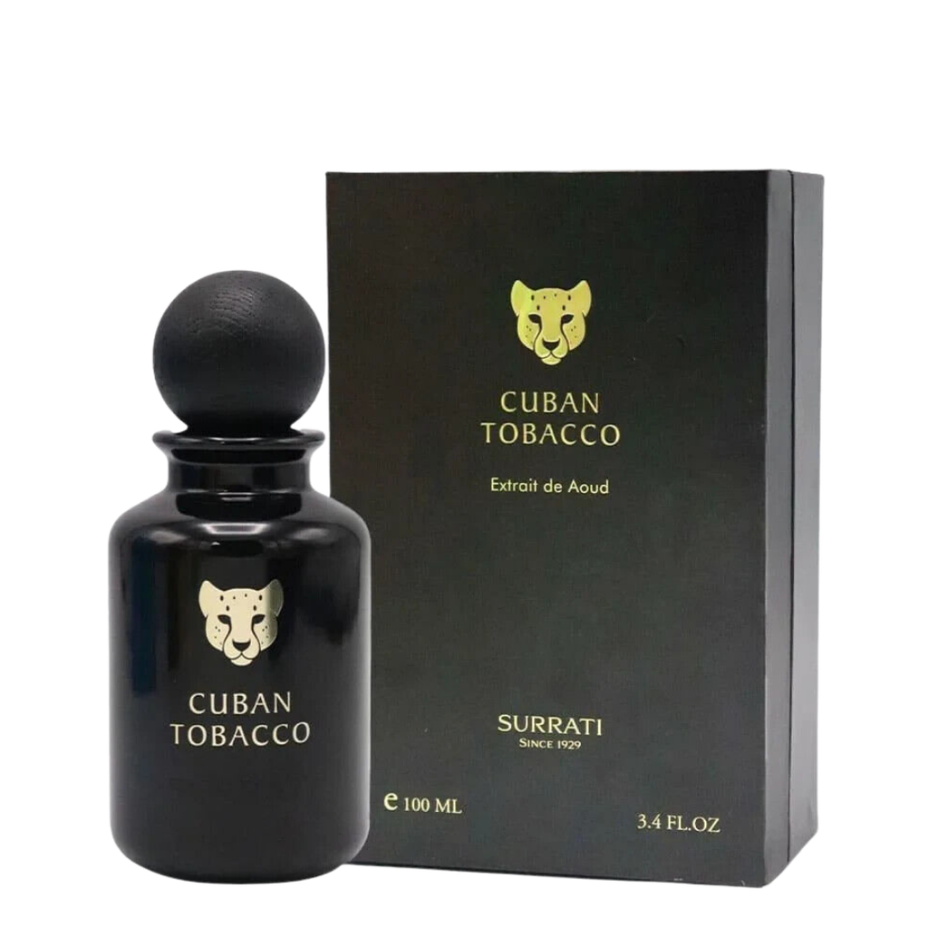 Black Cuban Tobacco perfume bottle and packaging on a white background
