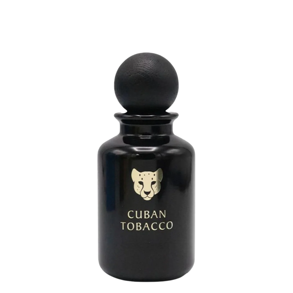 Black perfume bottle labeled 'Cuban Tobacco' with a cheetah logo on a white background