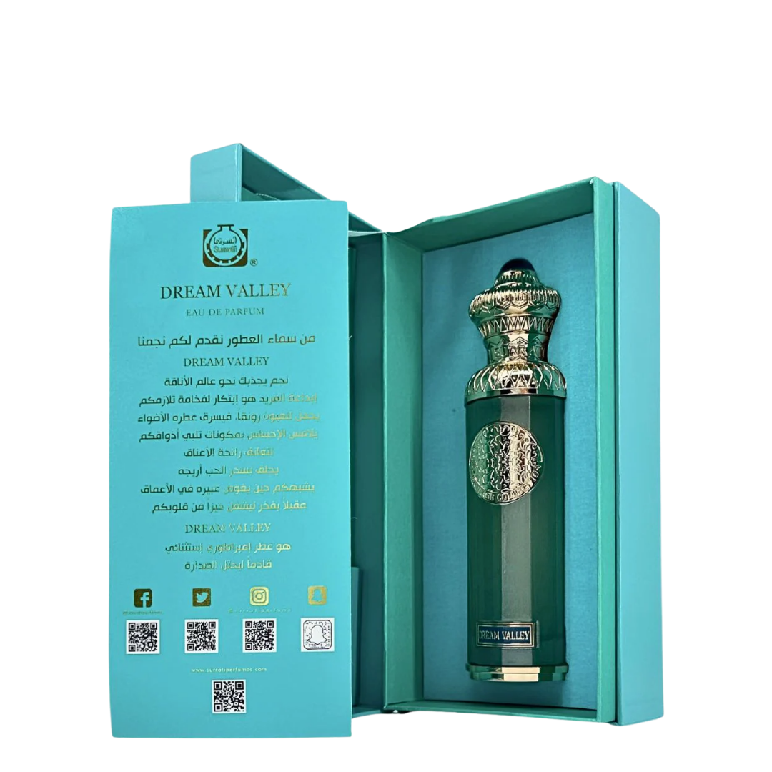 Dream Valley perfume bottle in a turquoise box on a white background