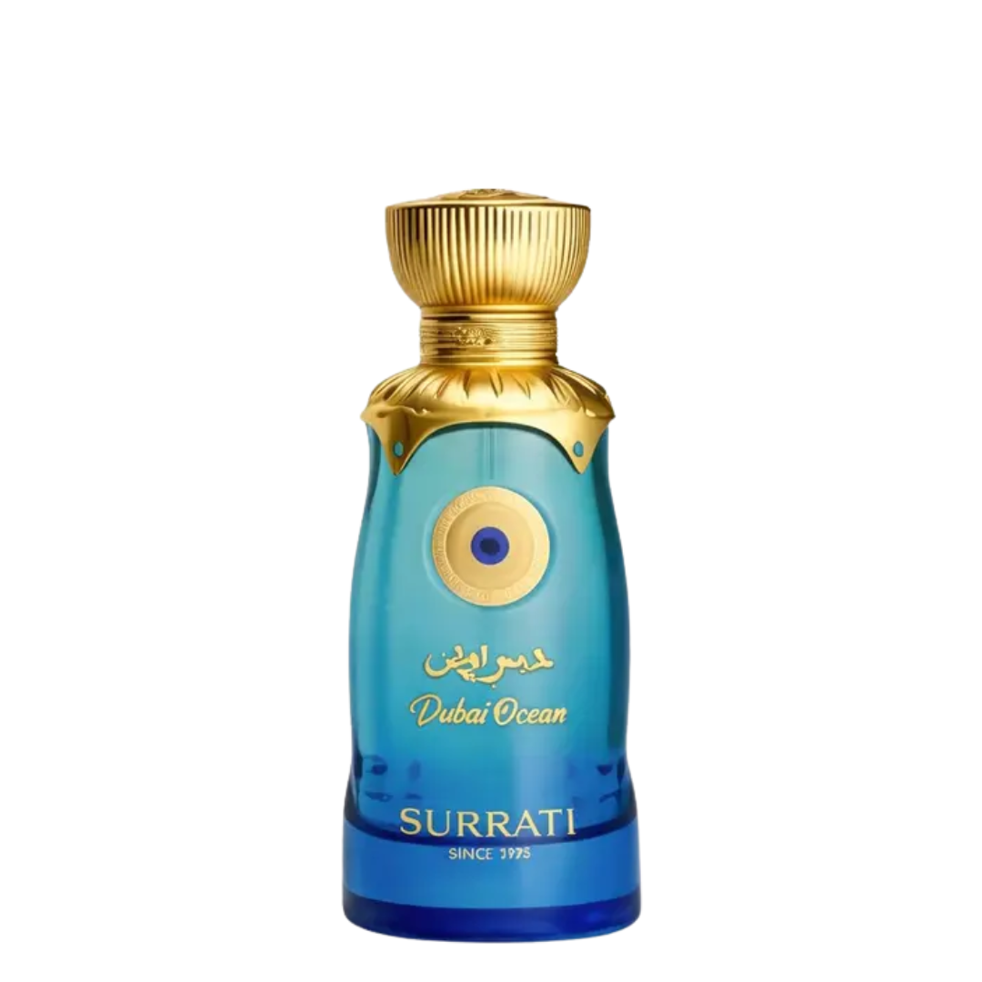 Surrati Dubai Ocean perfume bottle with gold cap on a white background