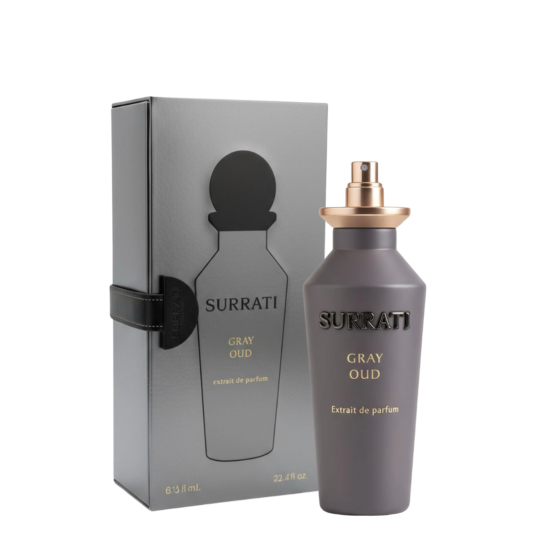 Surrati Gray Oud perfume bottle and packaging on a white background