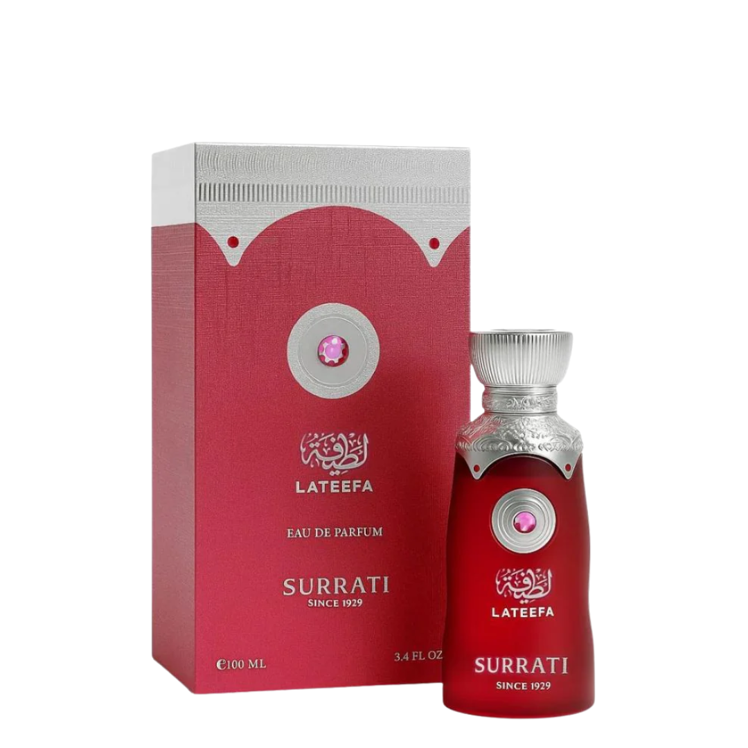 Red perfume bottle and packaging with 'Lateefa' branding on a white background. Surrati Lateefa