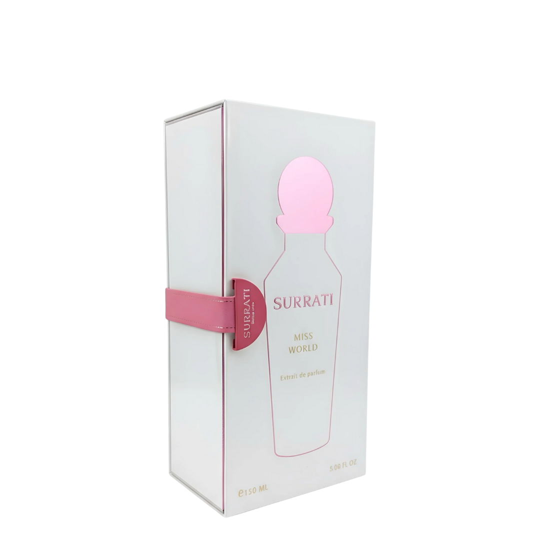 Surrati Miss World perfume packaging on a white background