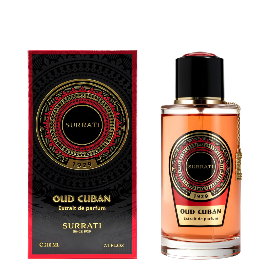 Surrati Oud Cuban perfume bottle and packaging on a white background
