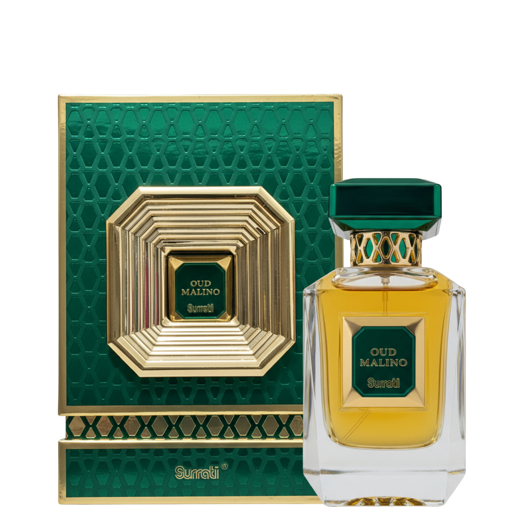 Surrati Oud Malino perfume bottle and packaging on a white background