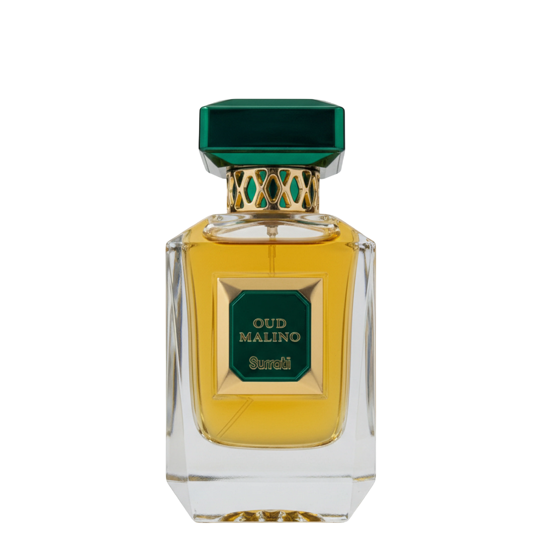 Perfume bottle with green cap and label on a white background. Surrati Oud Malino