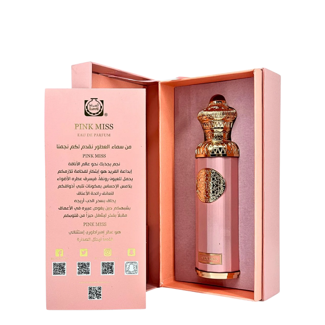 Pink Miss perfume bottle in a decorative box with gold accents