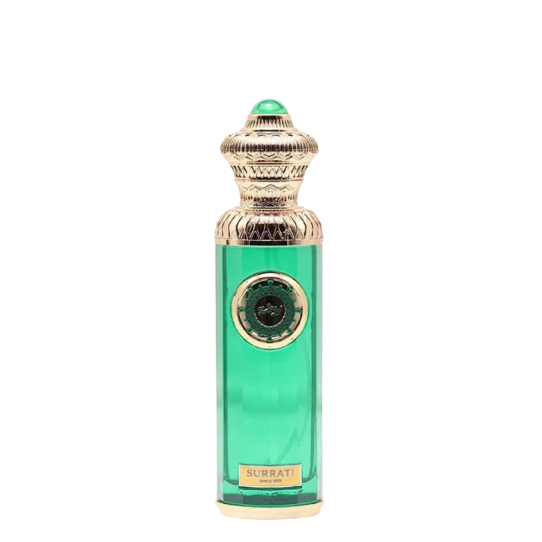 Green perfume bottle with gold cap on a white background. Surrati Rawda