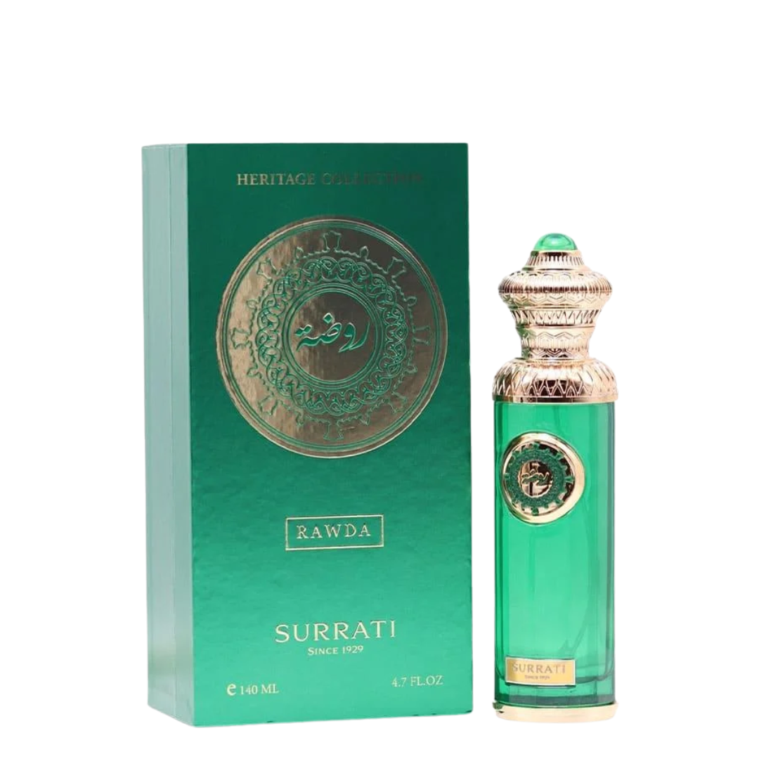 Green Surrati Rawda perfume bottle and packaging on a white background