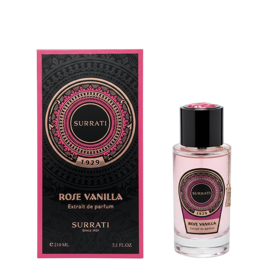 Surrati Rose Vanilla perfume bottle and packaging on a white background