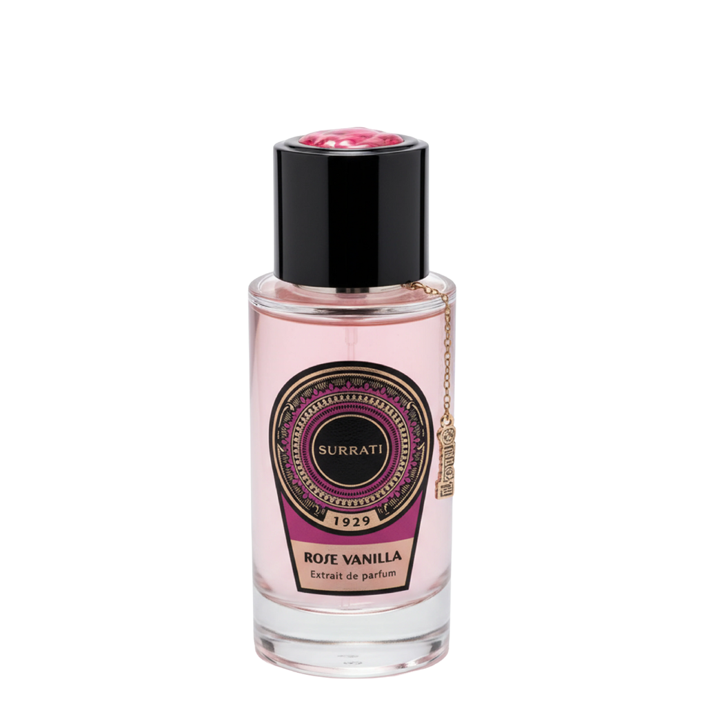 Perfume bottle labeled 'Surrati' with a pink liquid on a white background. Surrati Rose Vanilla