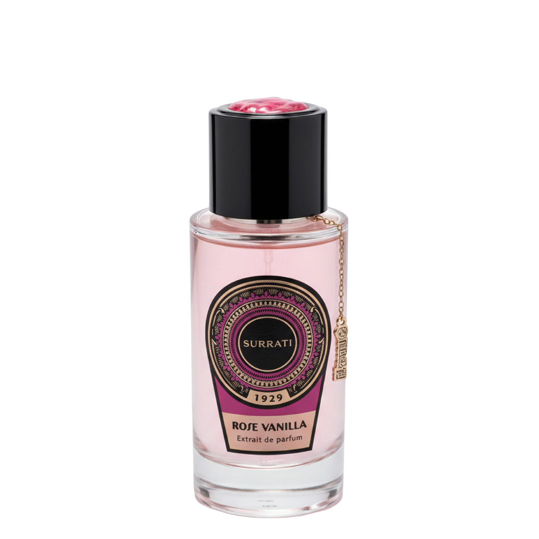 Perfume bottle labeled 'Surrati' with a pink liquid on a white background. Surrati Rose Vanilla