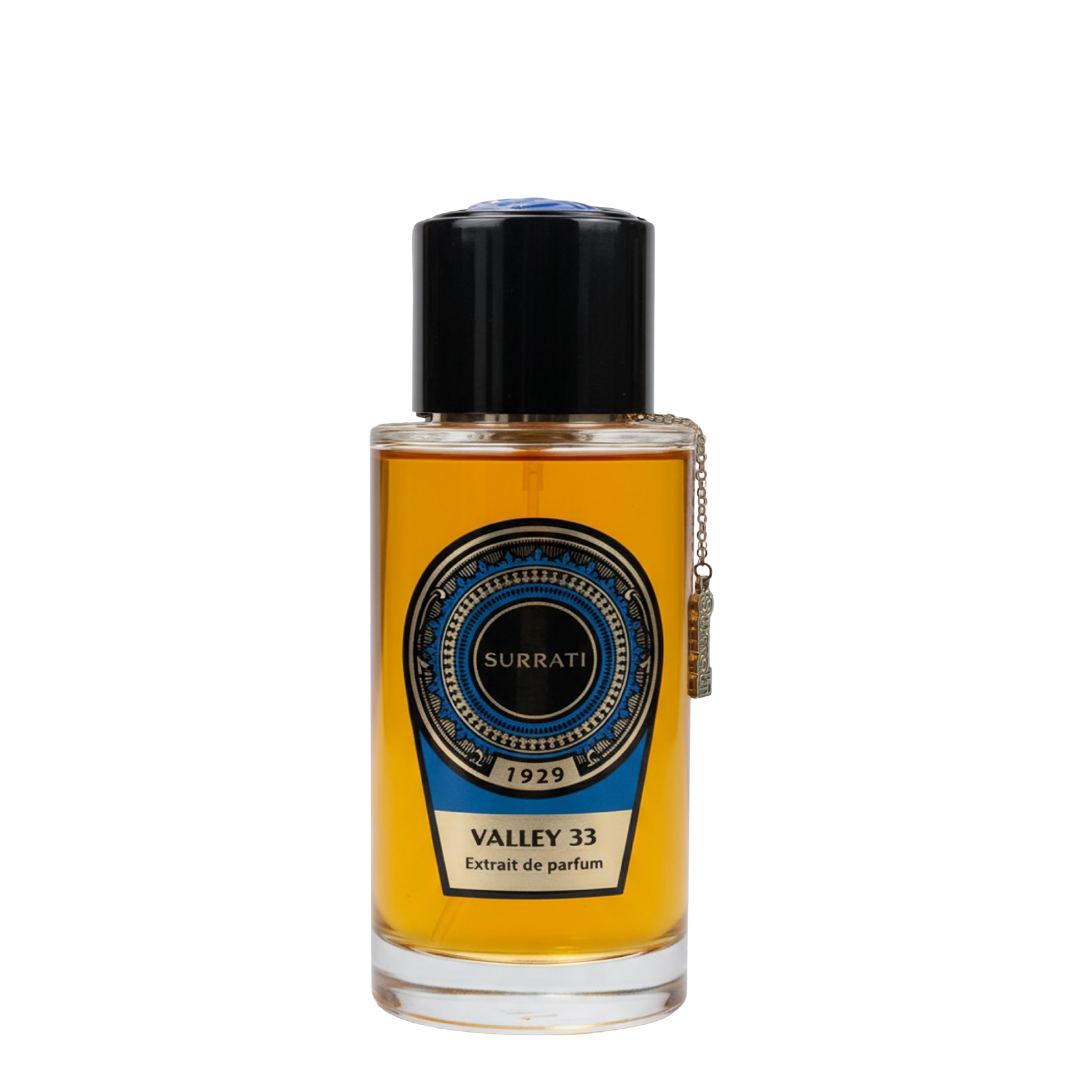 Perfume bottle labeled 'Valley 33' by 'Surrati' on a white background